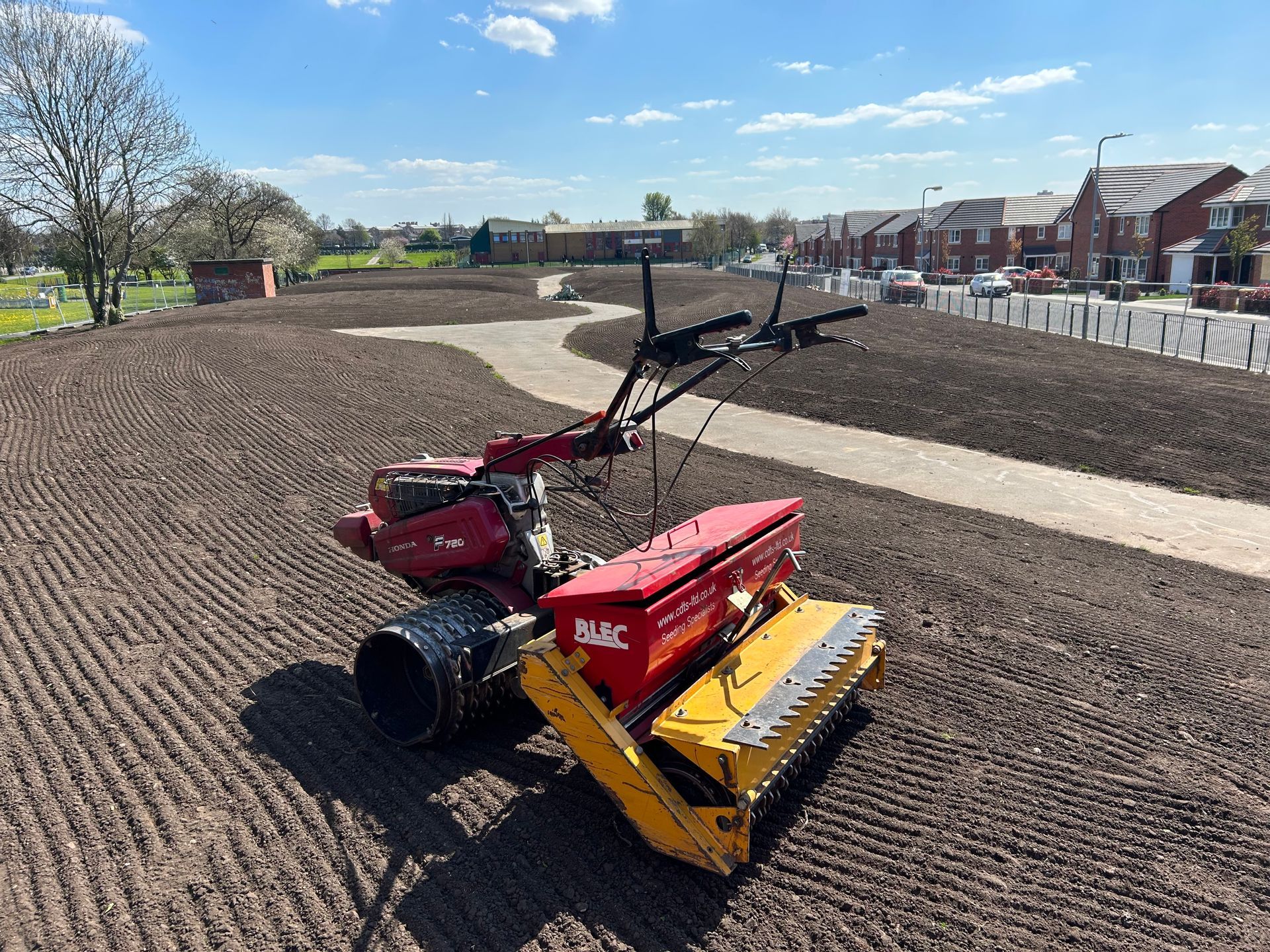 Blec Seed Drill preparing the ground for Wildflower (BNG) seeding.