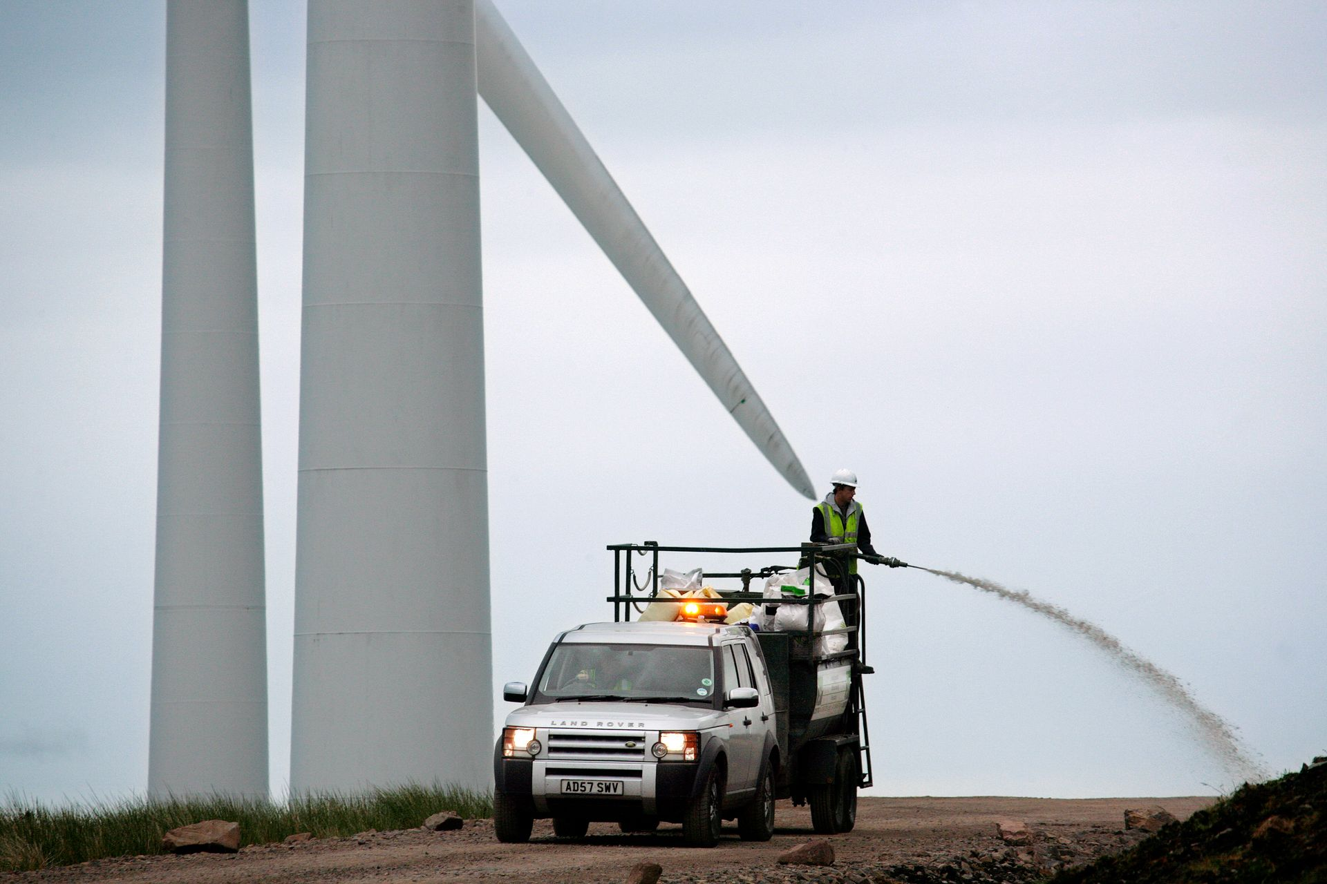 Application of hydraulic seeding mulch at Clyde Wind Farm in Lancashire, Scotland. Over 100 hectares of seeding completed.