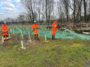 Hydroseeding steep embankments on the Staffordshire Railway Alliance infrastructure project.