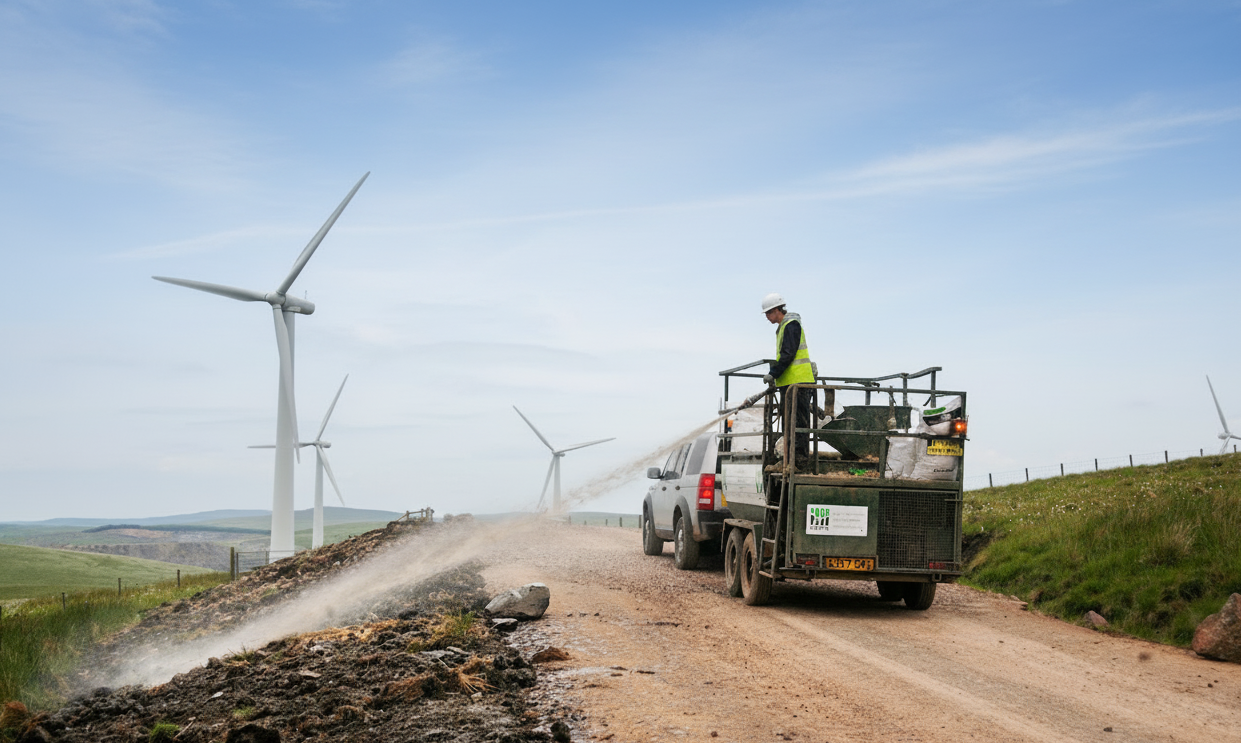 Hydroseeding on a wind farm site with operator spraying slope