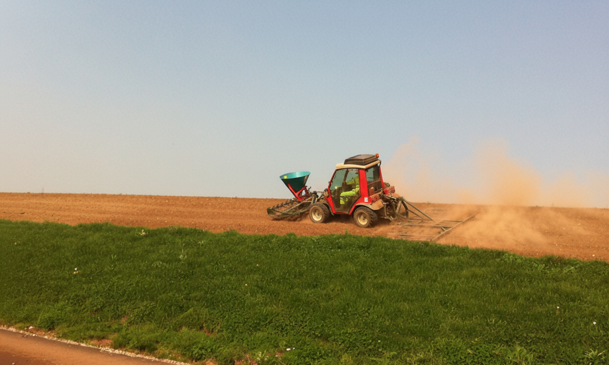 Aebi tractor preparing the ground for conventional seeding. Newark, England.