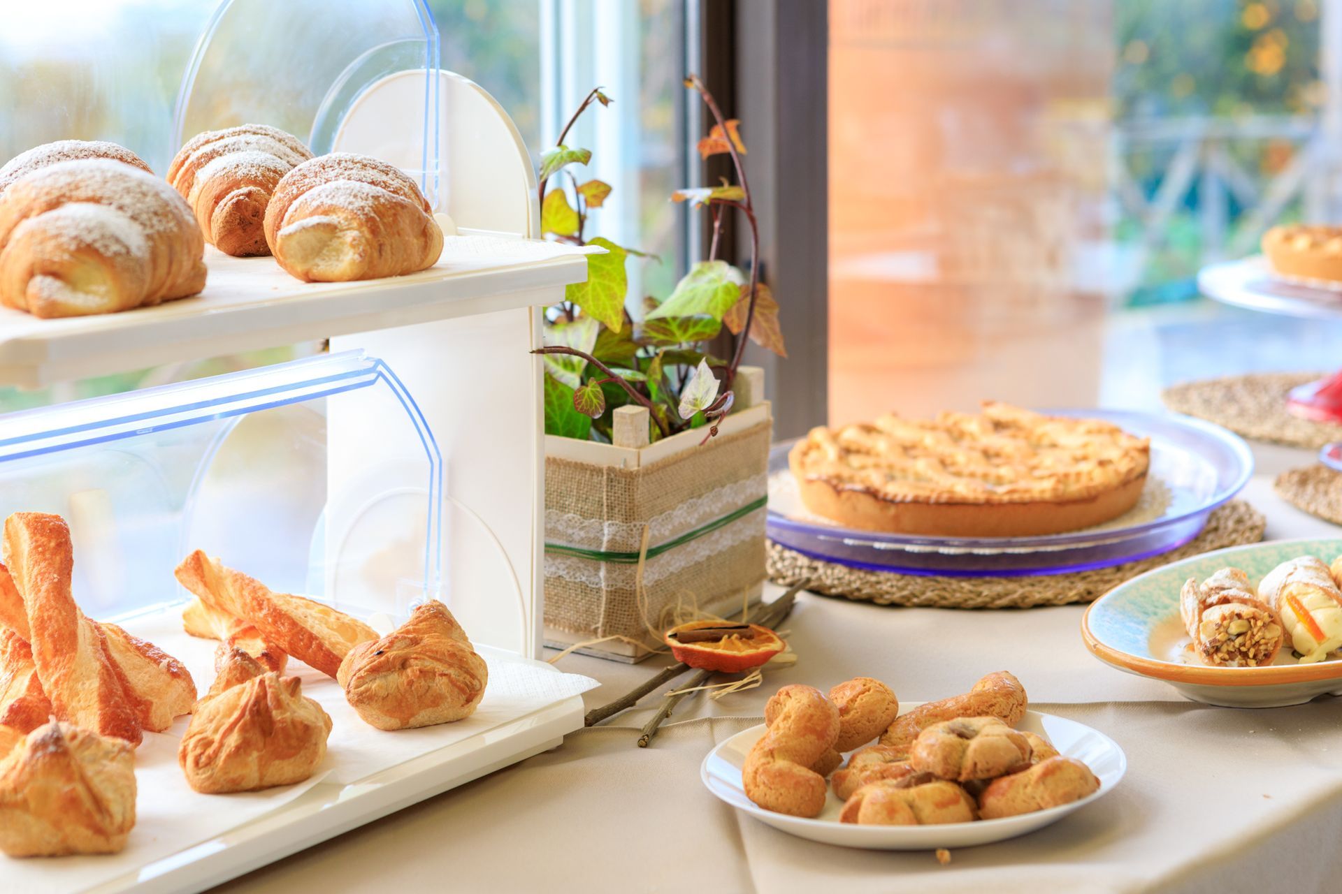 Vetrina di prodotti da forno con pasticcini, croissant e crostate su un bancone illuminato dal sole vicino a una finestra.