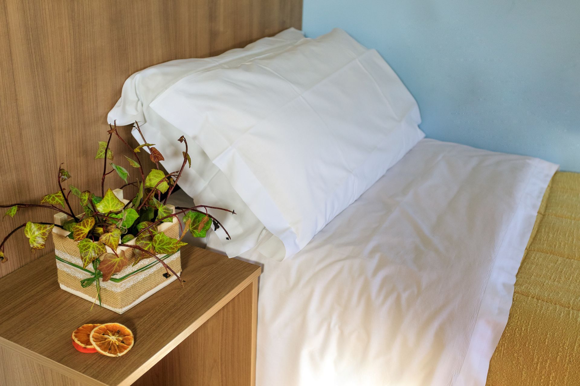 Letto bianco con cuscini accanto a un comodino di legno su cui poggiano una pianta e delle fette di agrumi.