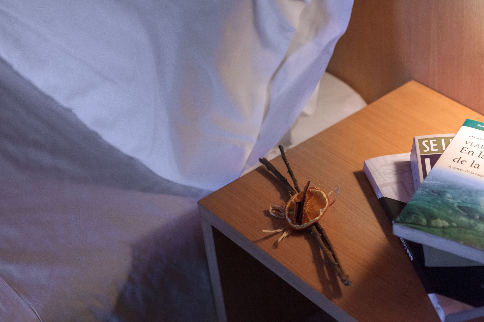 Un ragno sul comodino accanto a libri e un letto