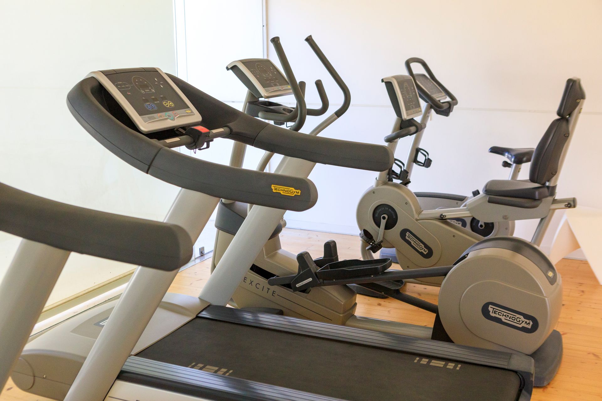 Palestra cardio con tapis roulant, ellittiche e cyclette in una stanza luminosa.