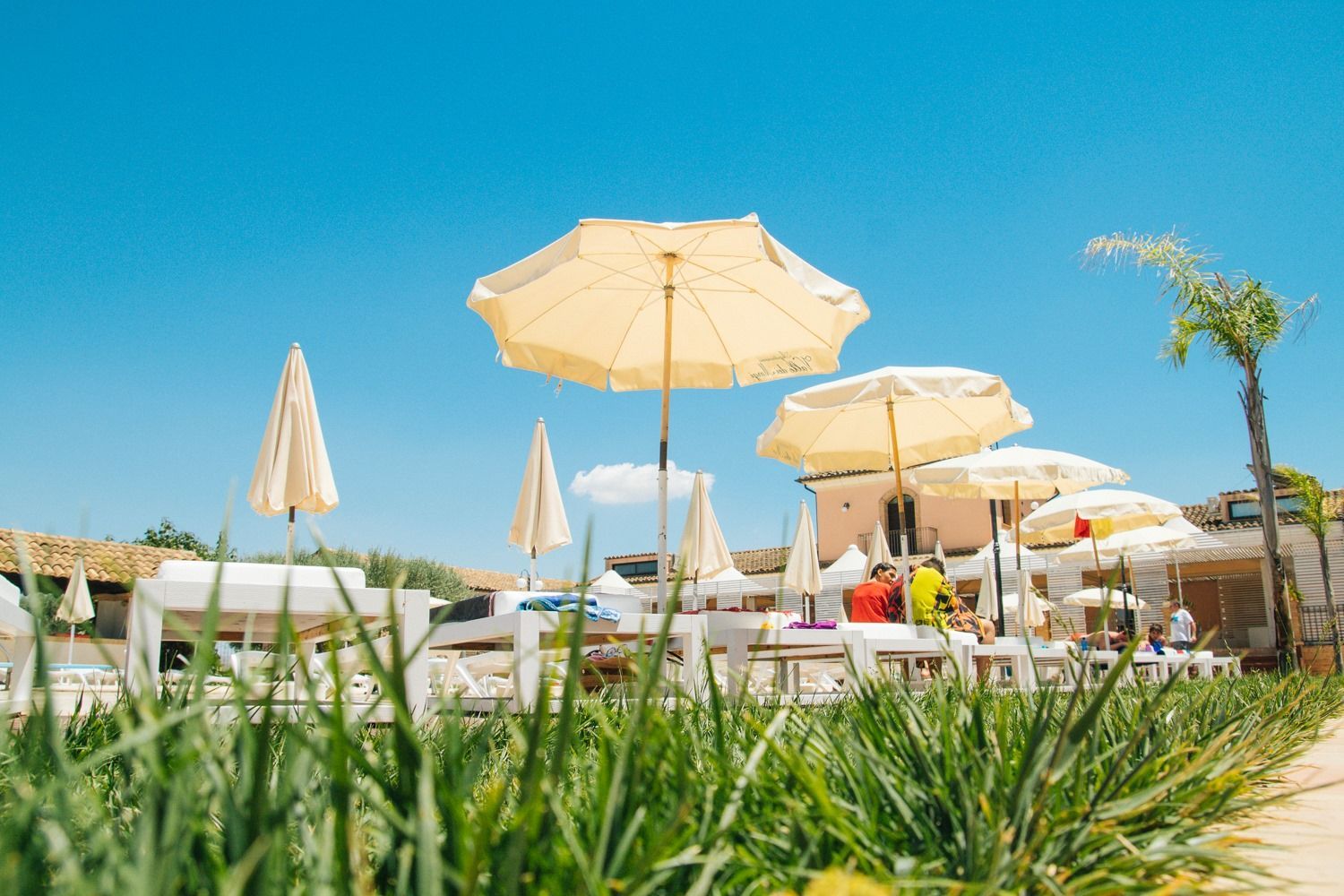 Piscina soleggiata in un resort con ombrelloni bianchi, lettini e prato verde sotto un cielo azzurro.