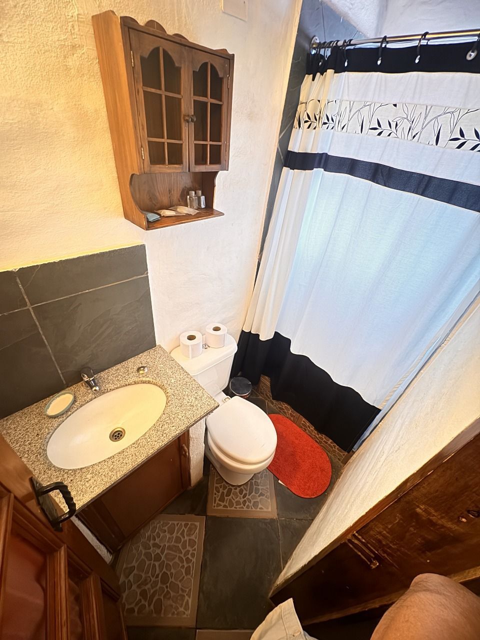 Baño pequeño con lavabo, inodoro, cortina de ducha y alfombrilla de baño roja en luz cálida.