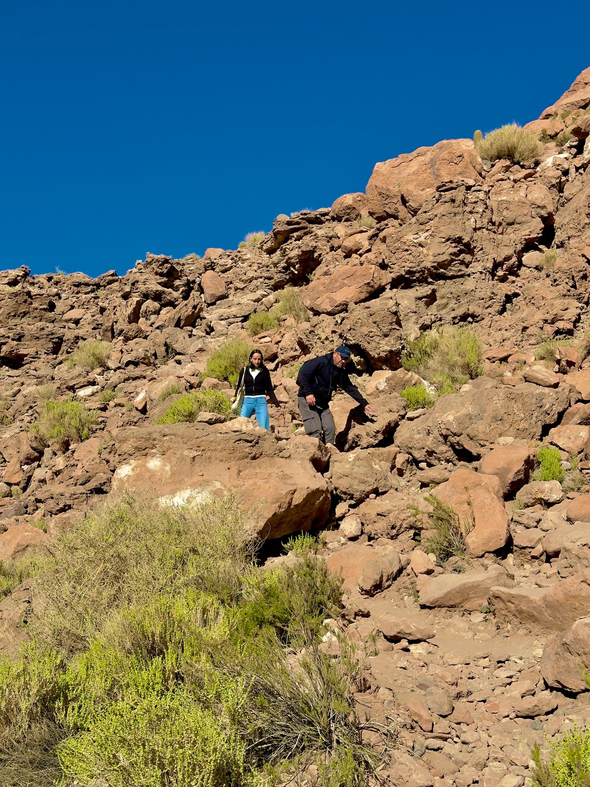 Dos excursionistas vestidos de azul y negro escalan una ladera rocosa del desierto bajo un cielo azul despejado.