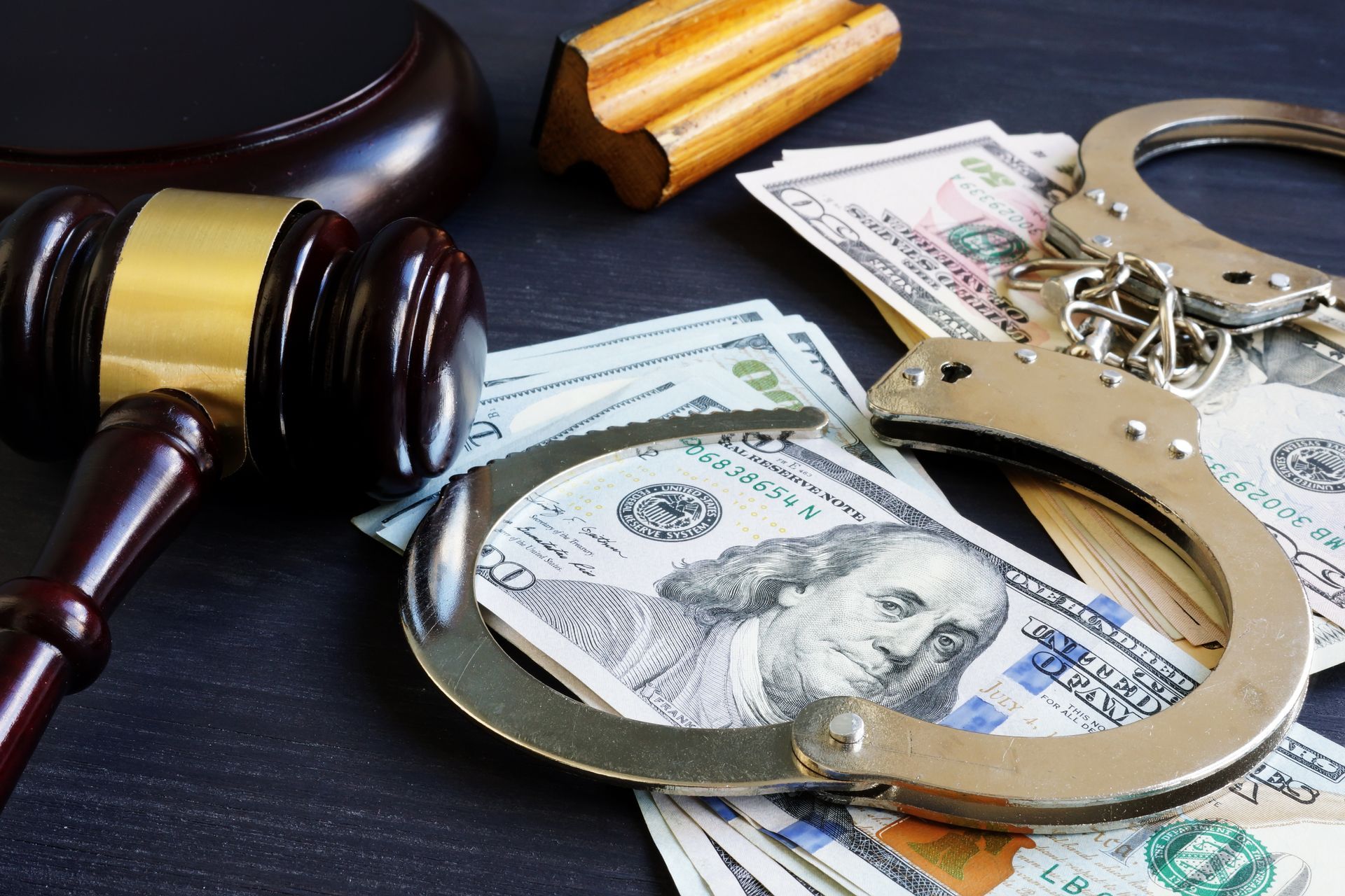 A judge’s gavel, handcuffs, and US dollar bills displayed together on a dark table surface.