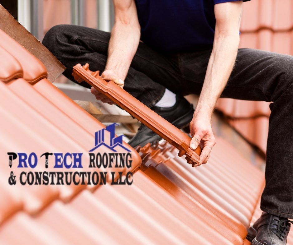 A man is kneeling on a roof with a pro tech roofing & construction llc logo in the background