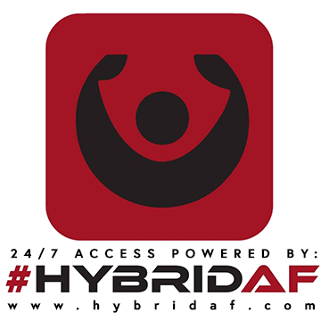 A red and black logo that says #hybridaf