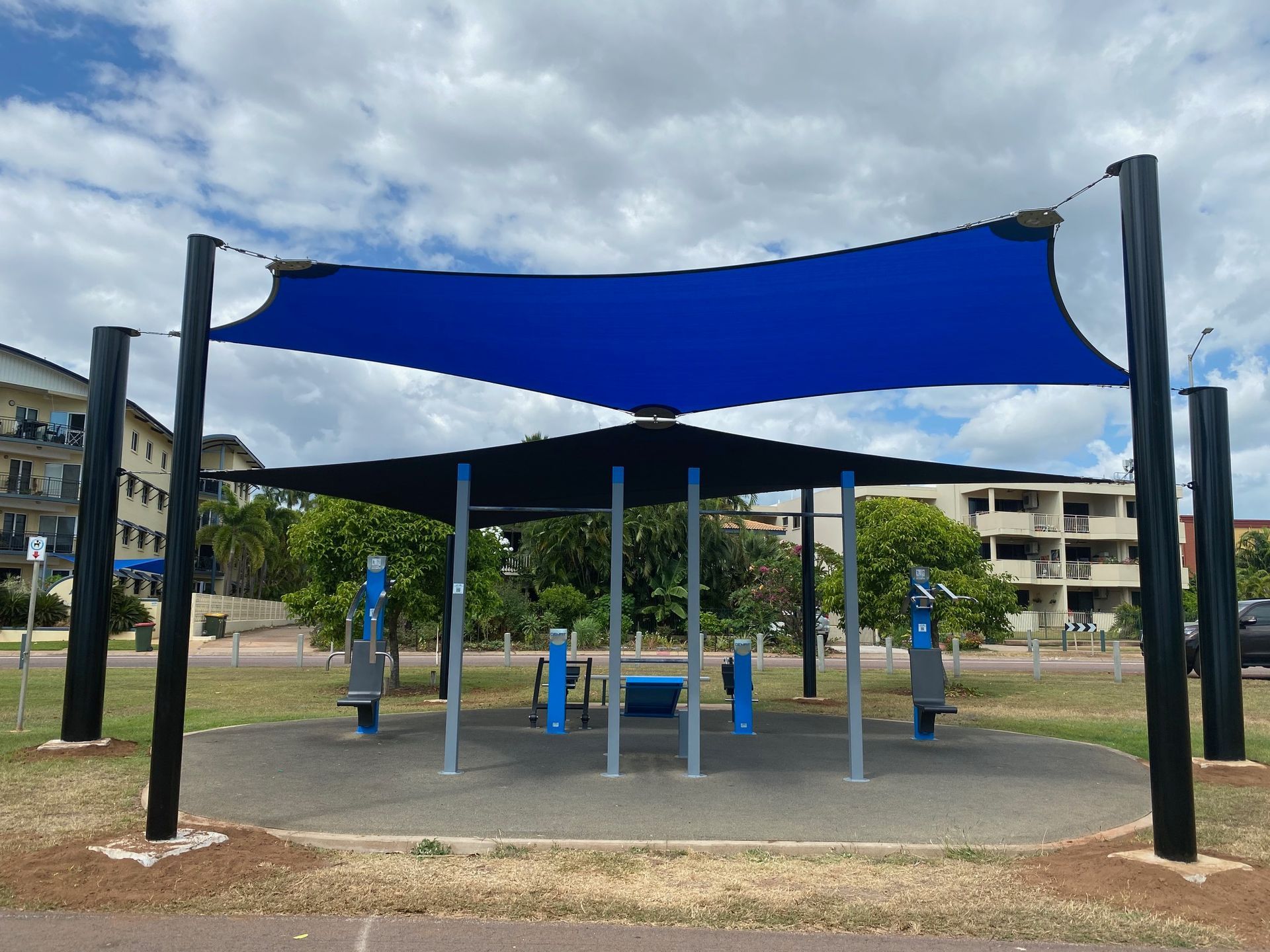 Shade Sail Above Gym Equipment — Aerosail Engineered Fabric Structures In Winnellie, NT