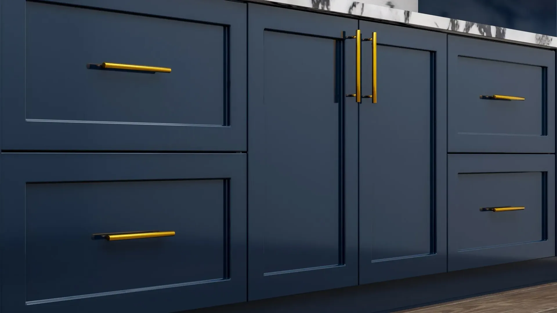 cabinet painting inspiration - blue cabinets with gold trim