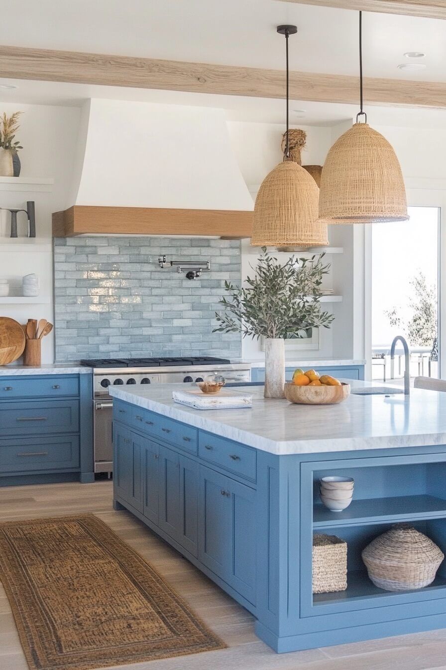 Blue kitchen with island, woven pendant lights, and a woven runner.