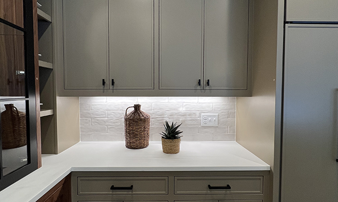 Kitchen counter with neutral cabinets, a jug, and a plant.