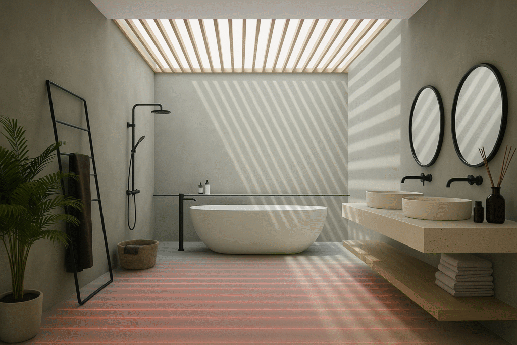 Modern bathroom with a bathtub, shower, double sinks, and slatted ceiling.