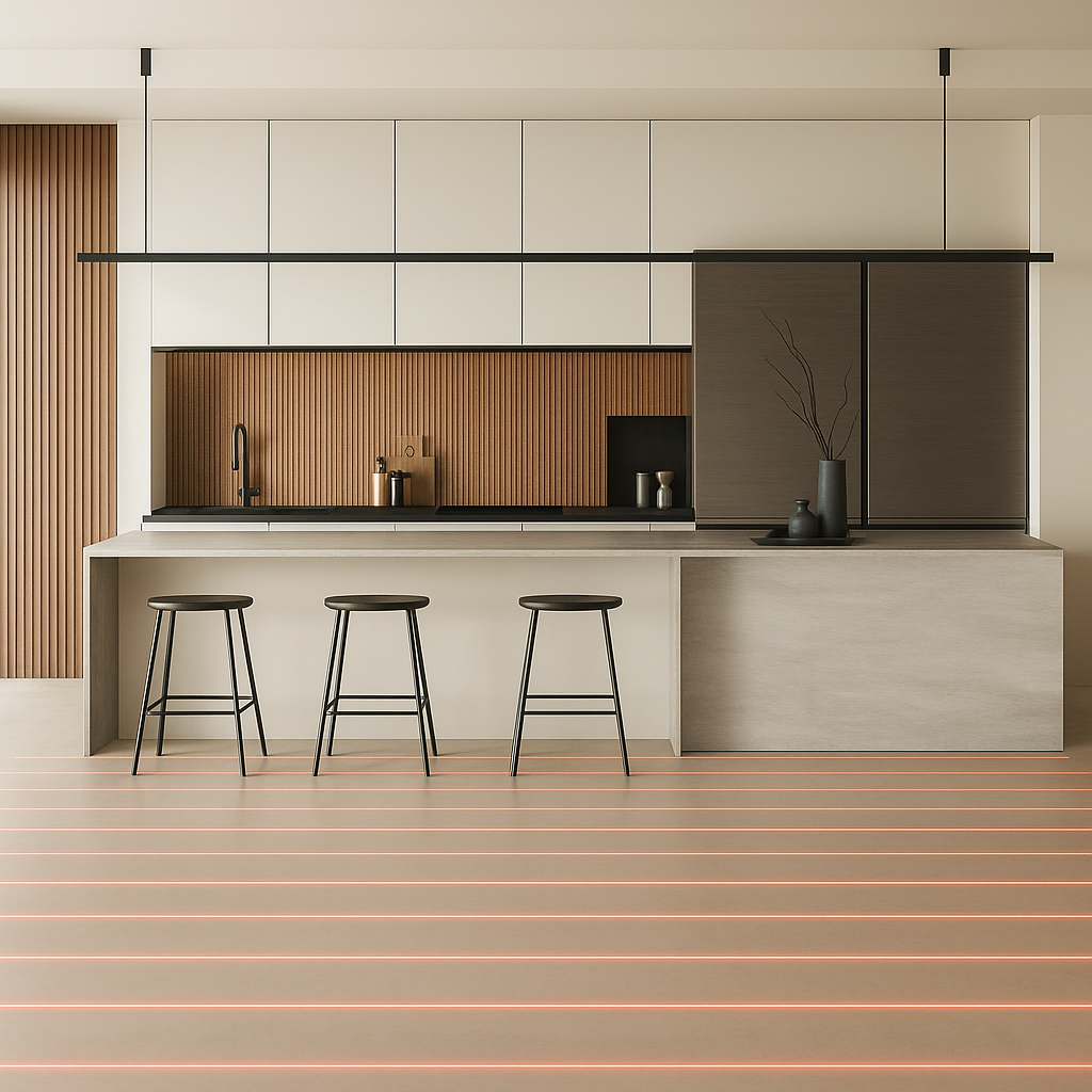 Modern kitchen with white and wood cabinets, island with stools, and linear lighting.