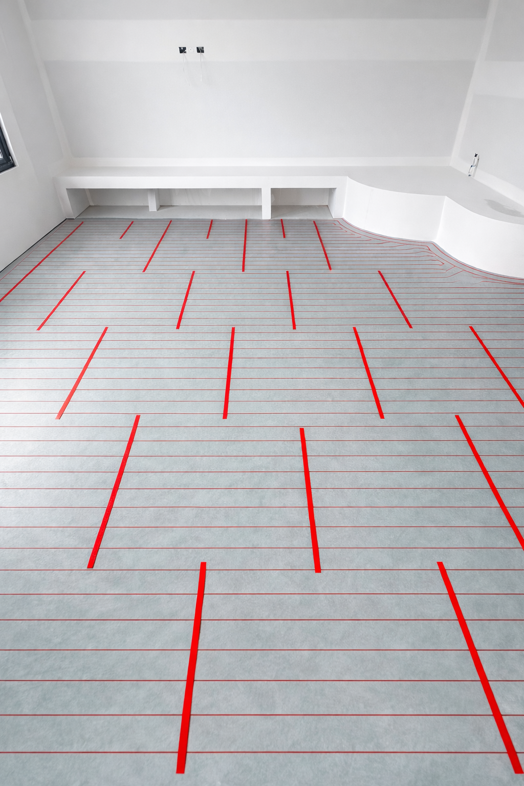 Gray floor with red heating pipes installed, ready for flooring in a room with white walls and a low shelf.