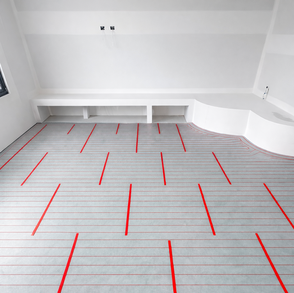 A room under construction with red layout lines marked on the concrete floor, leading toward a built-in white bench.