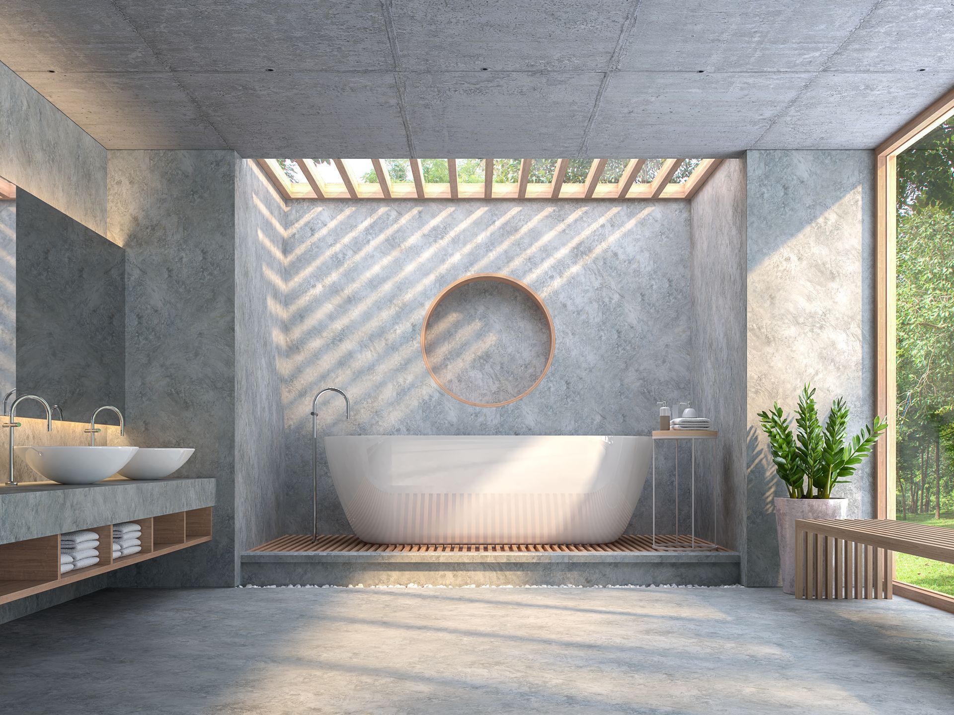 Modern bathroom with concrete walls, white tub, large window, and natural light.