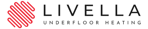 Livella underfloor heating logo with red squiggly lines on the left and black text on the right.