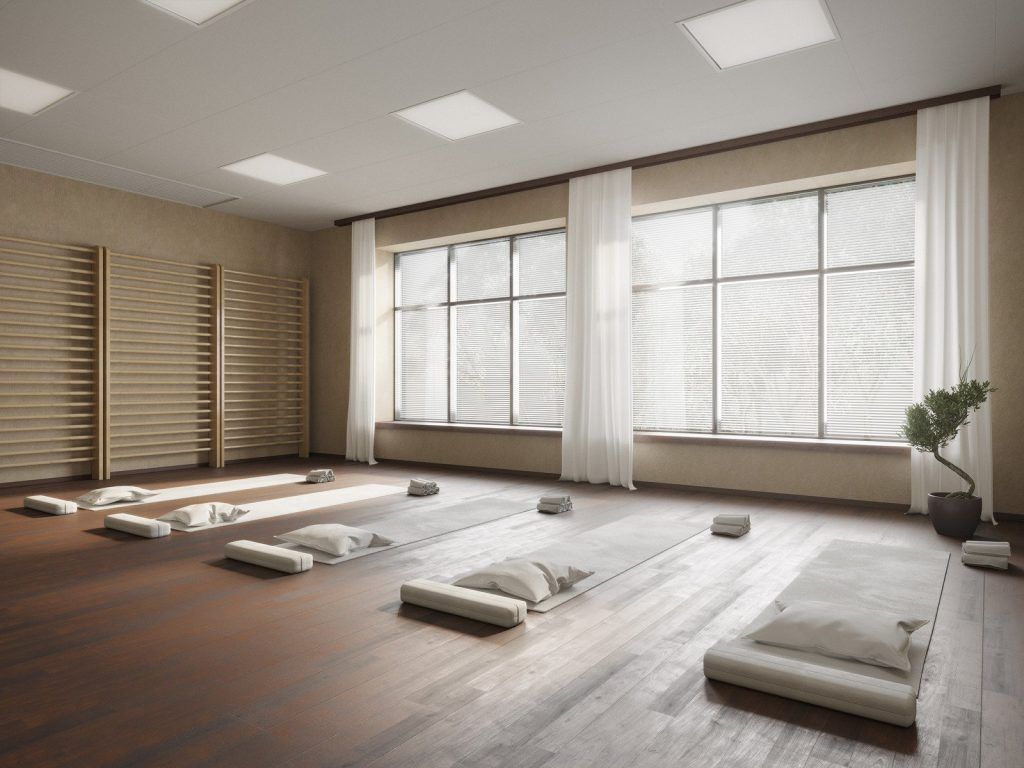 Yoga studio with mats, pillows, and plant near windows with sheer curtains. Wooden floors, beige walls.