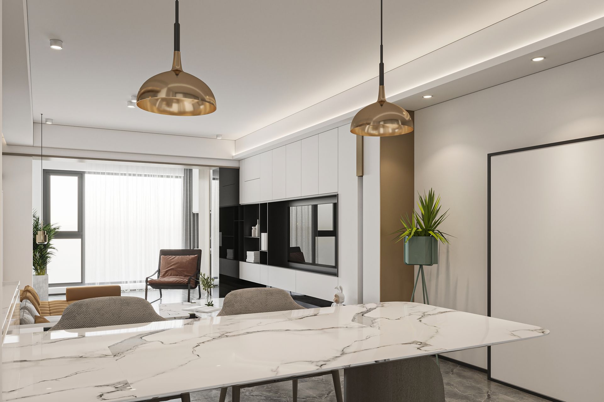Modern dining room with marble table, pendant lights, and built-in white cabinets.