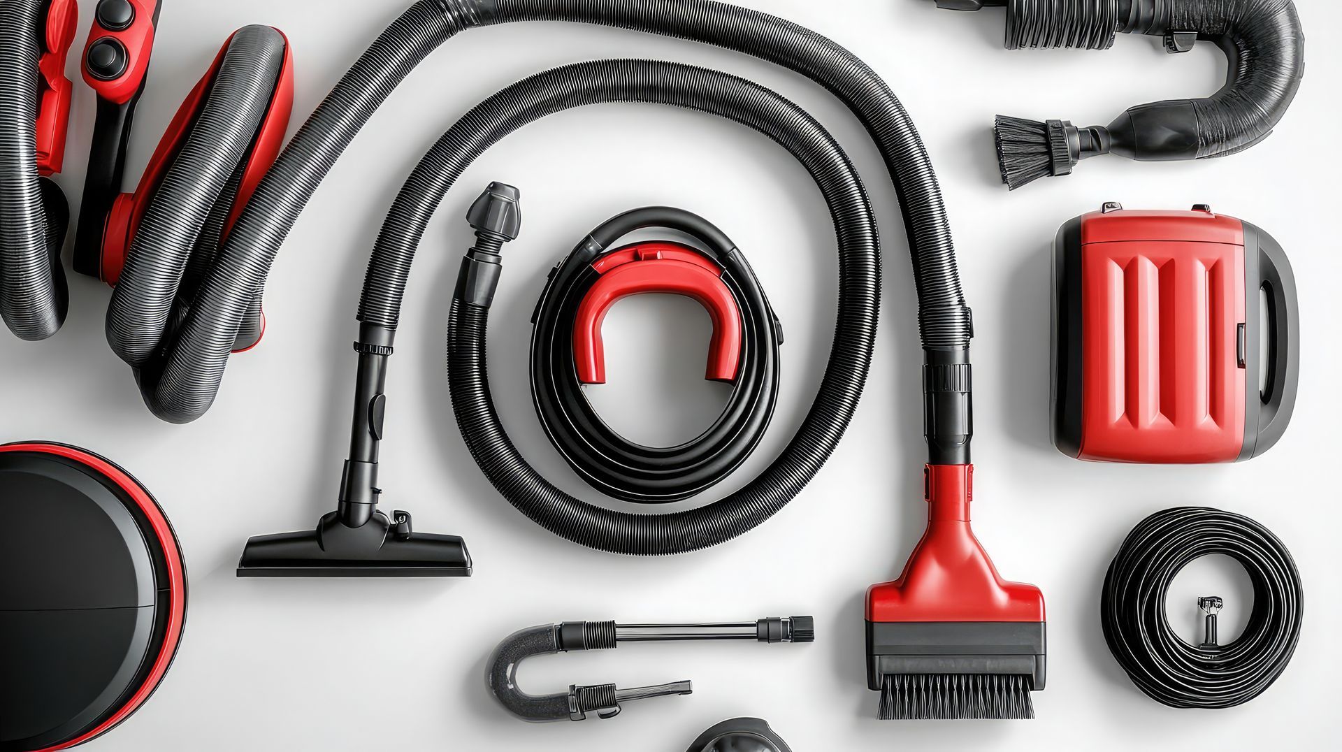 A collection of black and red vacuum cleaner parts, including hoses, nozzles, and a red carry case, on a white background.