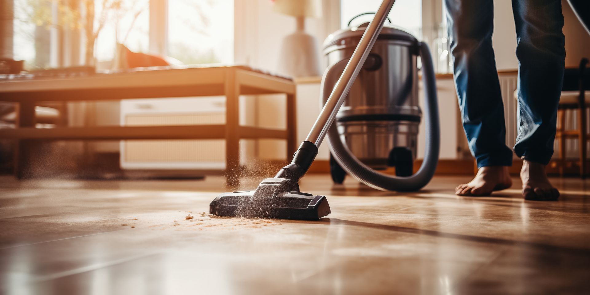 A person in blue jeans vacuums a wooden floor in a sunlit room with a silver canister vacuum cleaner.