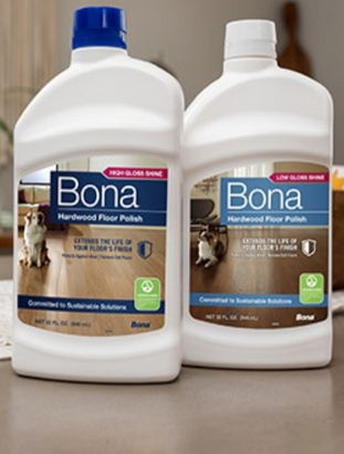 Two bottles of Bona Hardwood Floor Polish, one with a blue cap for high gloss and one with a white cap for low gloss.