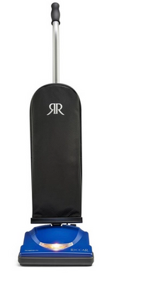 A blue and black Riccar upright vacuum cleaner standing on a white background.