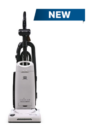 A white Riccar upright vacuum cleaner stands against a white background, featuring a blue 