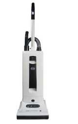 A white upright vacuum cleaner with a black handle, hose, and central control panel against a white background.