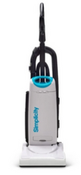 A grey and white Simplicity upright vacuum cleaner with teal accents, shown against a plain white background.