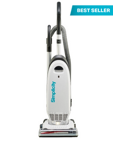 A white Simplicity upright vacuum cleaner with a blue logo and a 