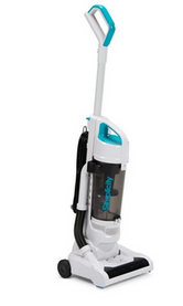 A white upright vacuum cleaner with teal accents, featuring a clear dust canister, set against a plain white background.