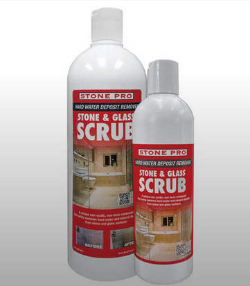 Two bottles of Stone Pro Stone & Glass Scrub, a hard water deposit remover, shown against a light grey background.
