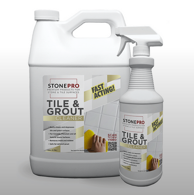 A large gallon jug and a smaller spray bottle of StonePro Tile & Grout Cleaner against a plain grey background.