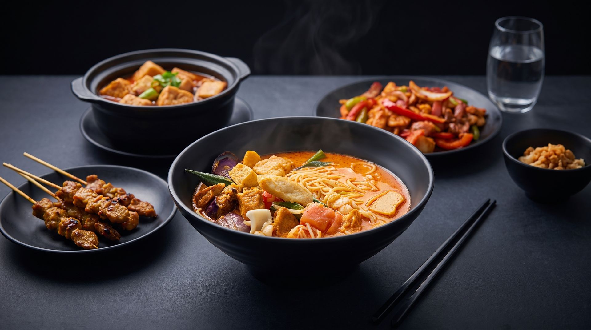 Assorted Asian dishes on a dark table, including soup, noodles, skewers, rice, chopsticks, and a glass of water.