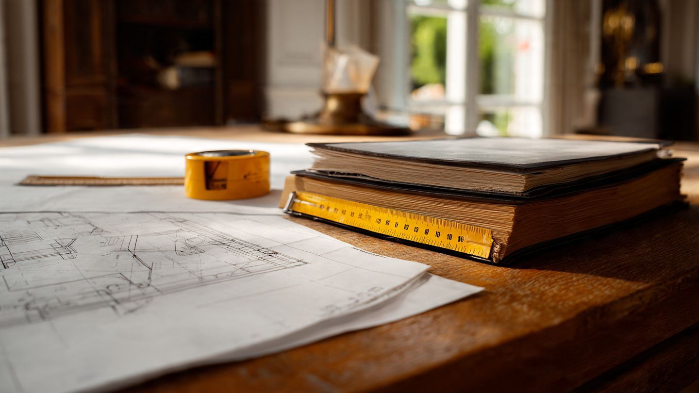 A yellow tape measure and a stack of books sit on a wooden table next to a sketched architectural blueprint.