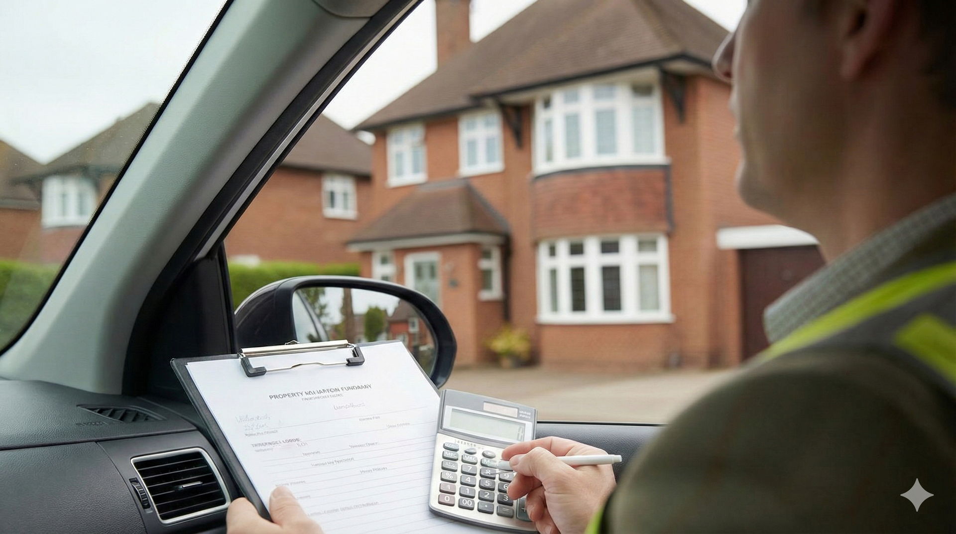 Person in a car holding clipboard and calculator, looking at a house.