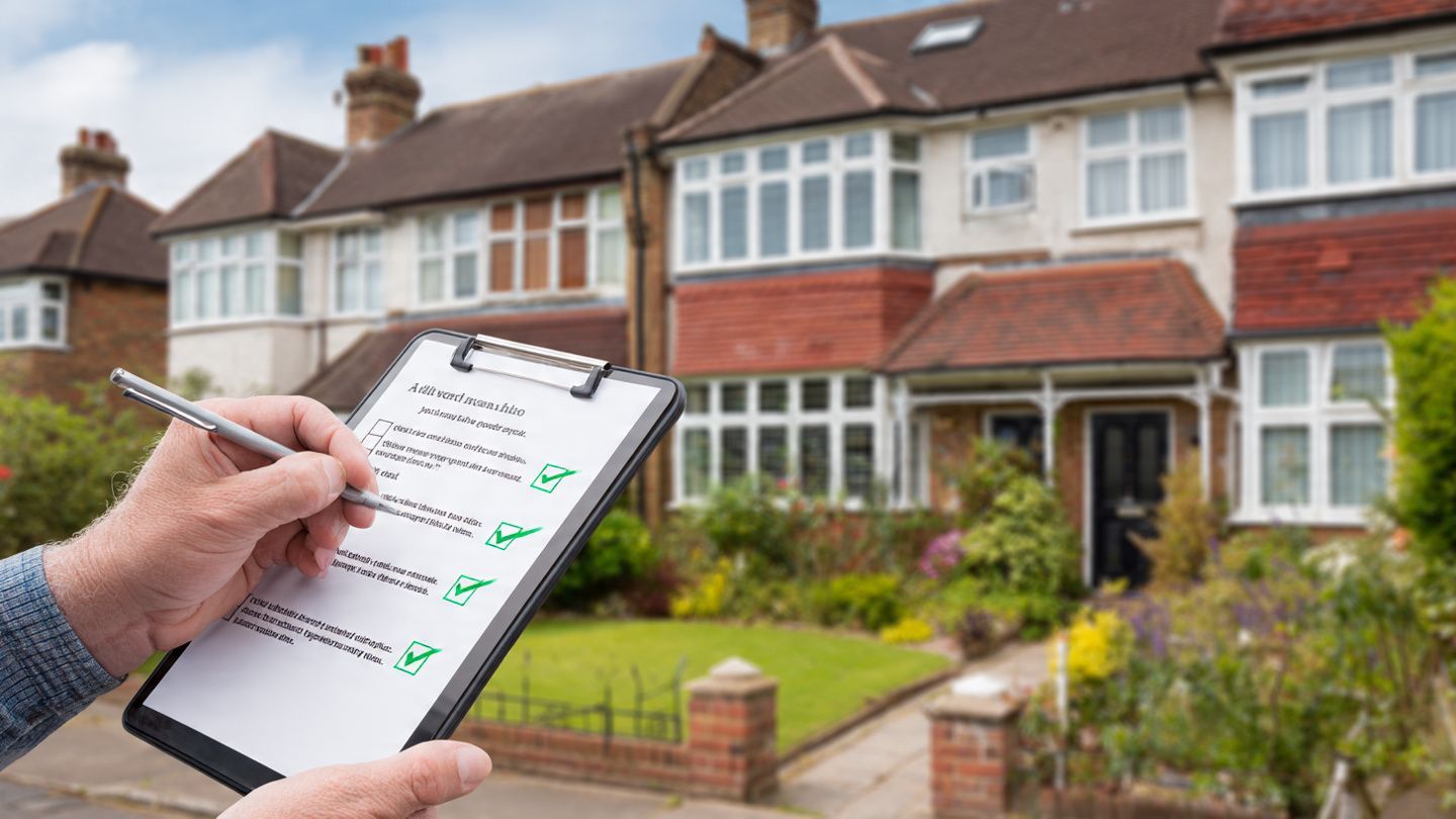 A person holding a clipboard with a checklist in front of a row of brick houses on a street.