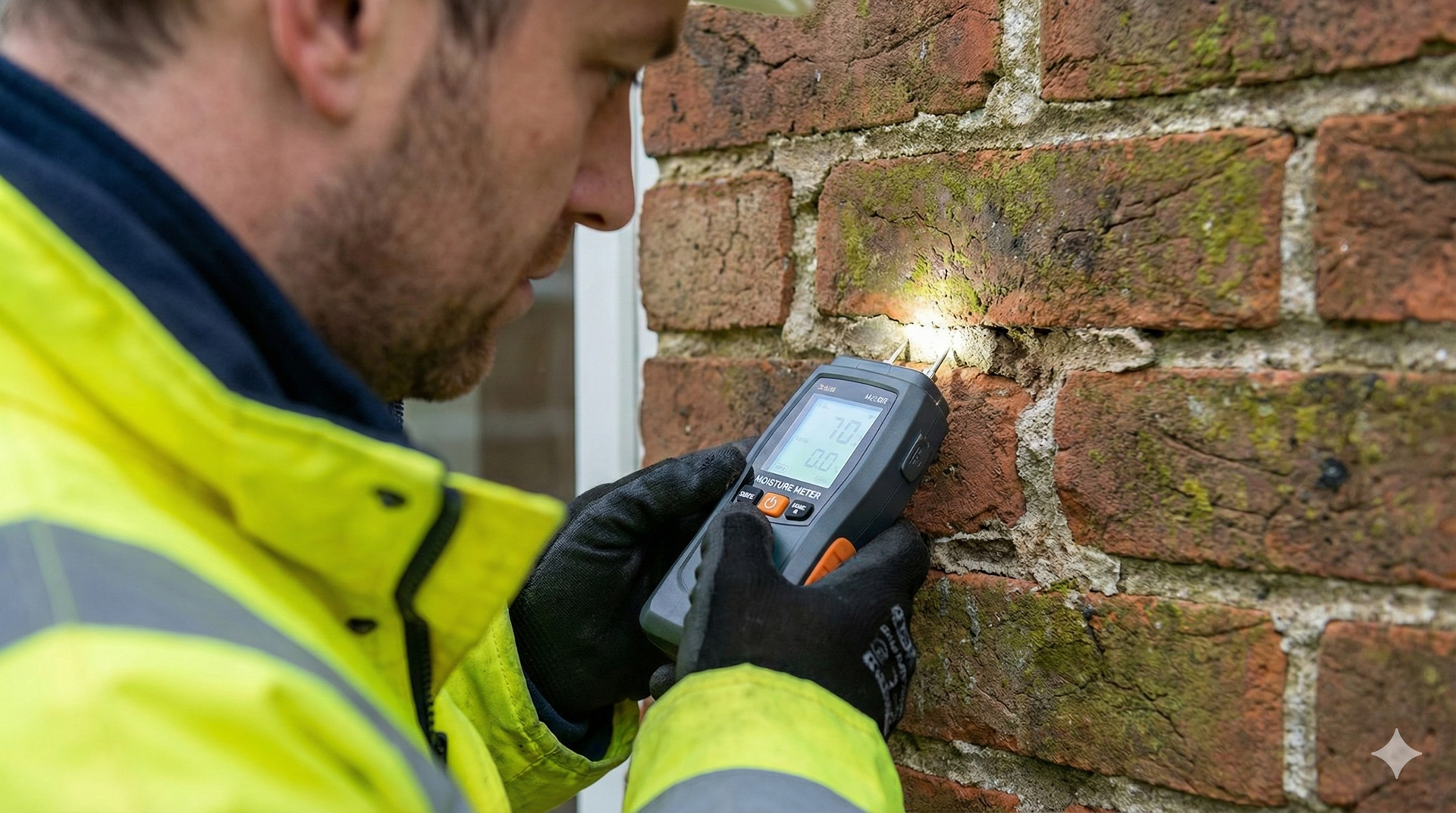 Person in yellow jacket examining brick wall with a moisture meter.