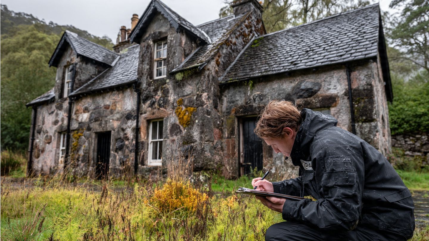 A person in a black rain jacket crouches in tall grass to take notes in front of an old, stone, multi-gabled house.