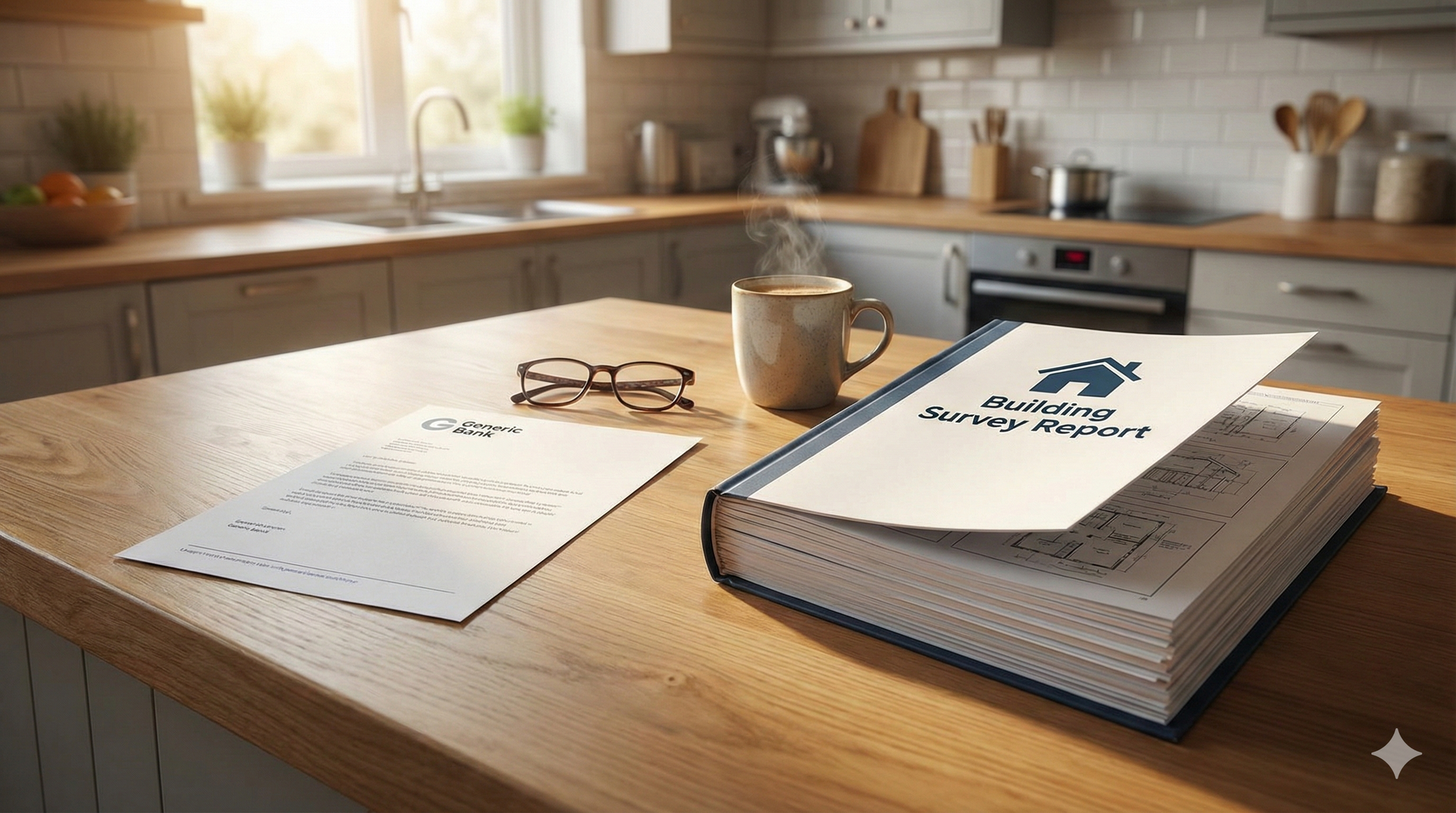 Kitchen countertop with paperwork, a mug, and glasses;