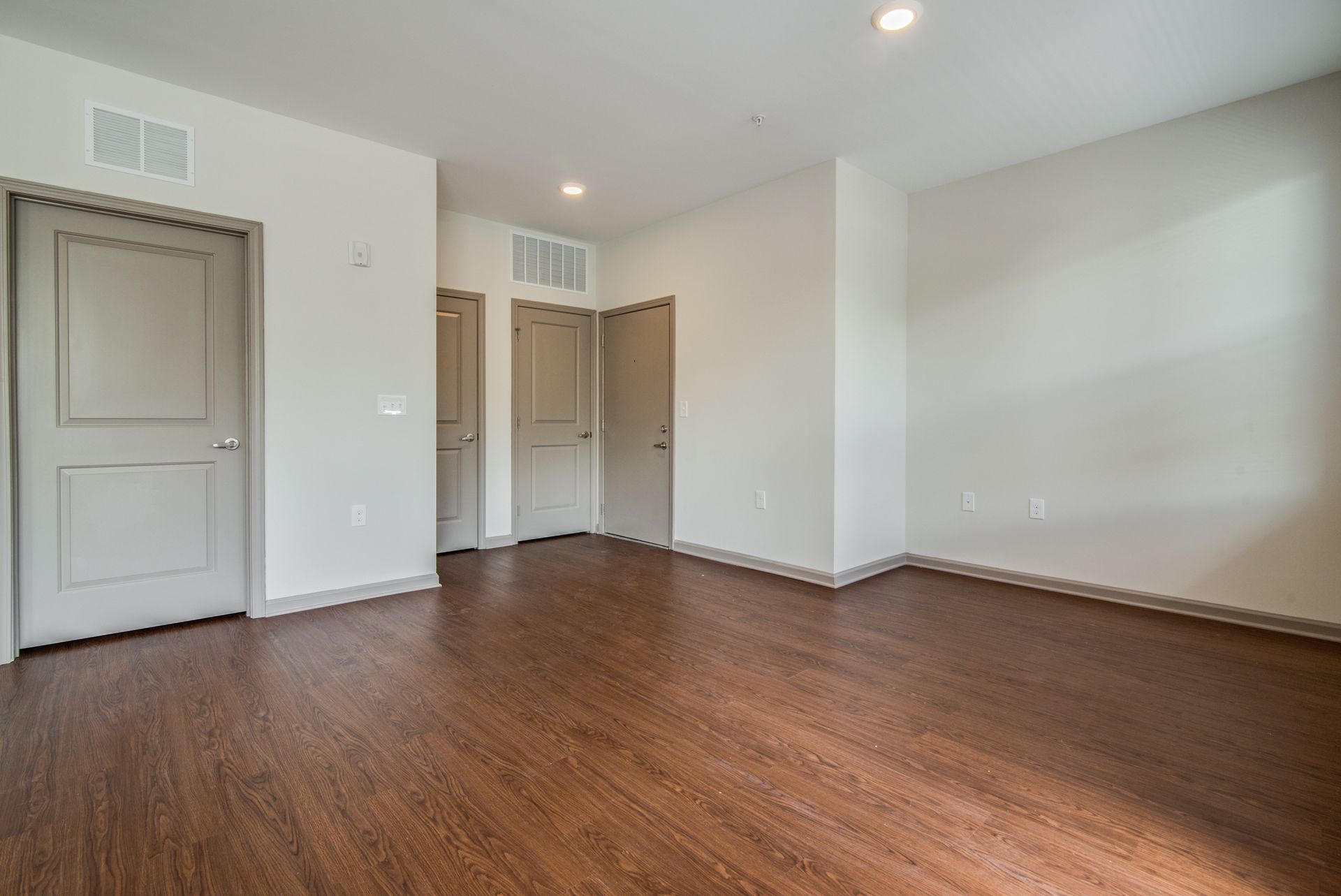 Empty room with brown wood-look floor, white walls, and three tan doors.