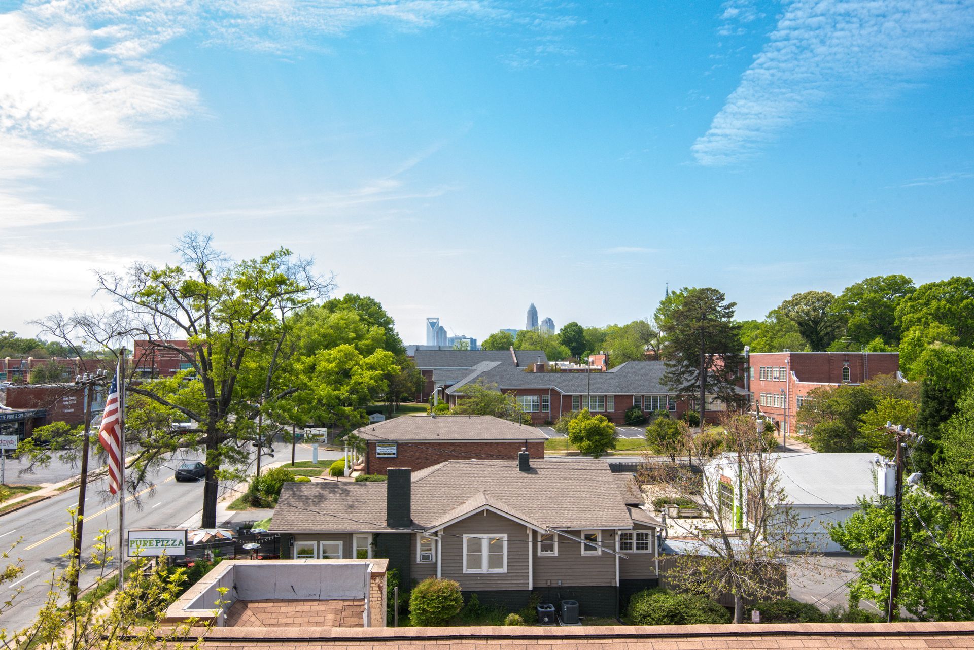 Suburban neighborhood with houses, trees, American flag, and a distant city skyline under a blue sky.