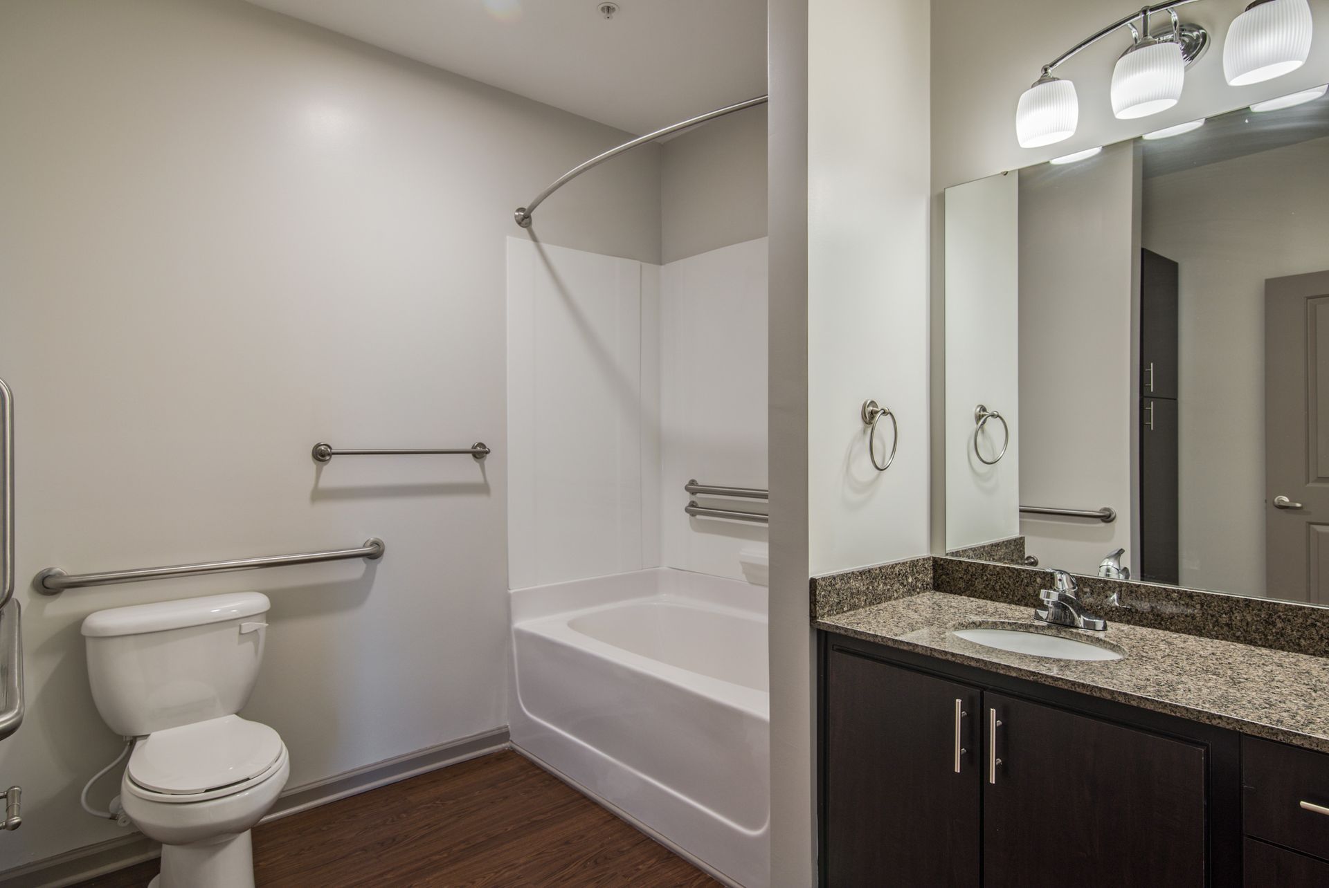 Bathroom with accessible features: toilet, tub/shower, grab bars, dark vanity with light granite countertop, and mirror.