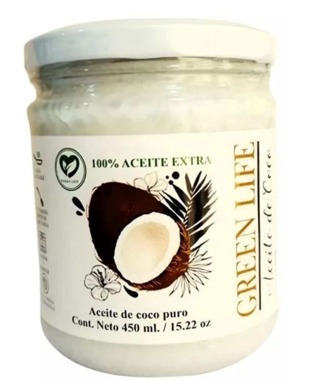 Frasco de aceite de coco 100% virgen extra Green Life con ilustración de un coco. Contiene 450 ml (15,22 oz).