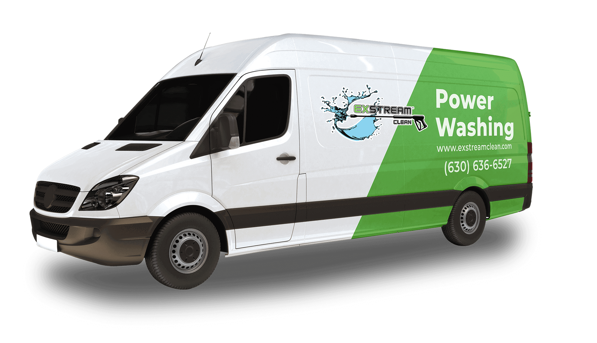 A white van with a green stripe that says power washing